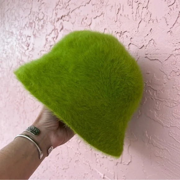 Unbranded Fuzzy Green Bucket Hat Angora Blend Soft - Picture 3 of 8